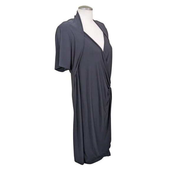 Vintage Womens Plus Size 22 Faux Wrap Dress Solid All Black Short Sleeve Ruched - Picture 2 of 7